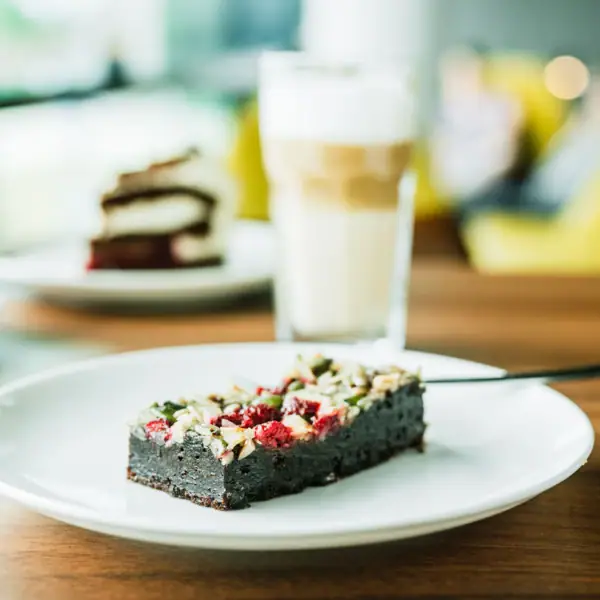 A piece of cake on a plate.