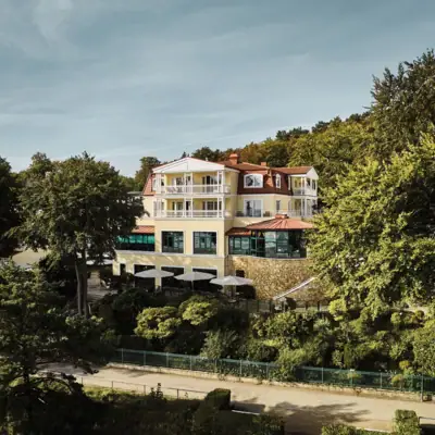A building surrounded by trees.