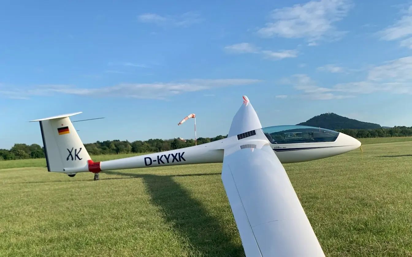 Ein Segelflugzeug steht auf auf Grasfläche.