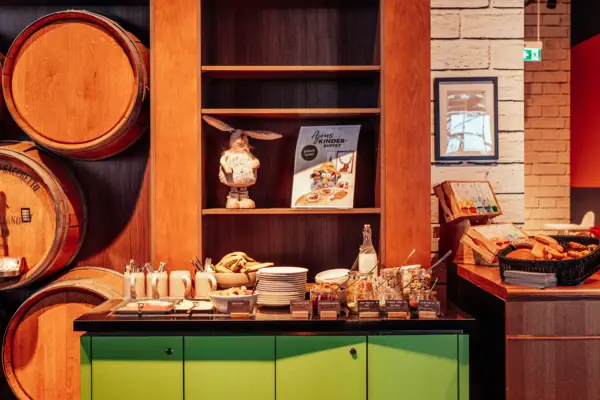 Shelf with various food items.