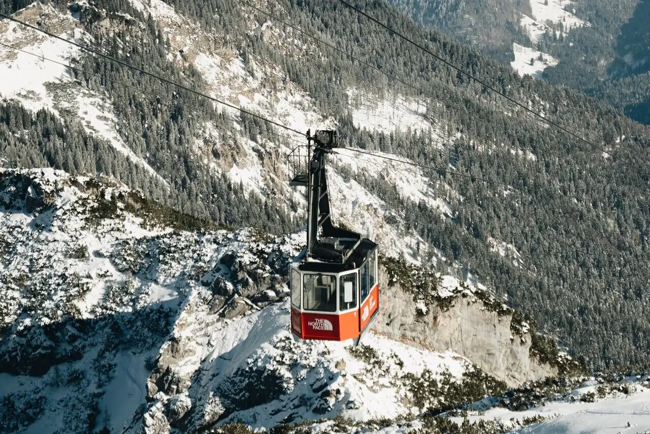 Gondola in winter Cable car on a snow-covered mountain