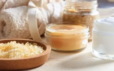 Close-up of exfoliating salt on a table.