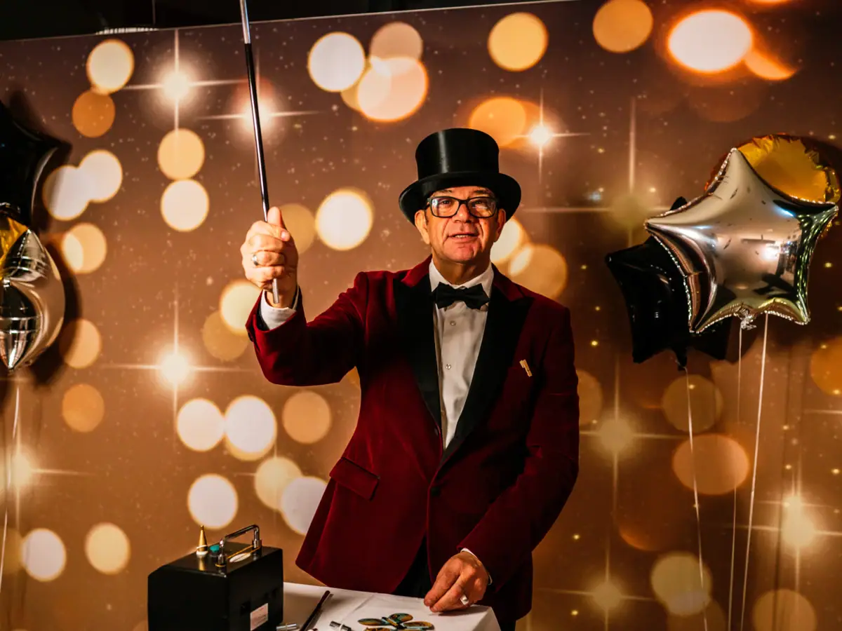A man in a red suit and top hat holds a cane.