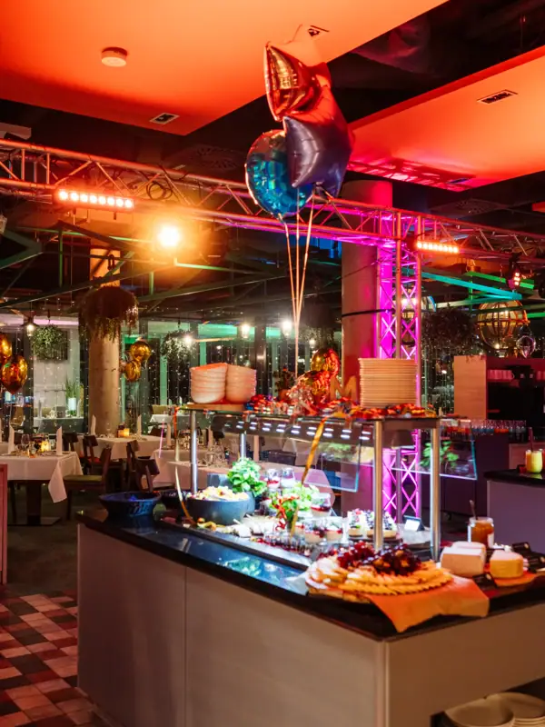 The New Year's Eve buffet in the restaurant. You can see a cheese and salad buffet.