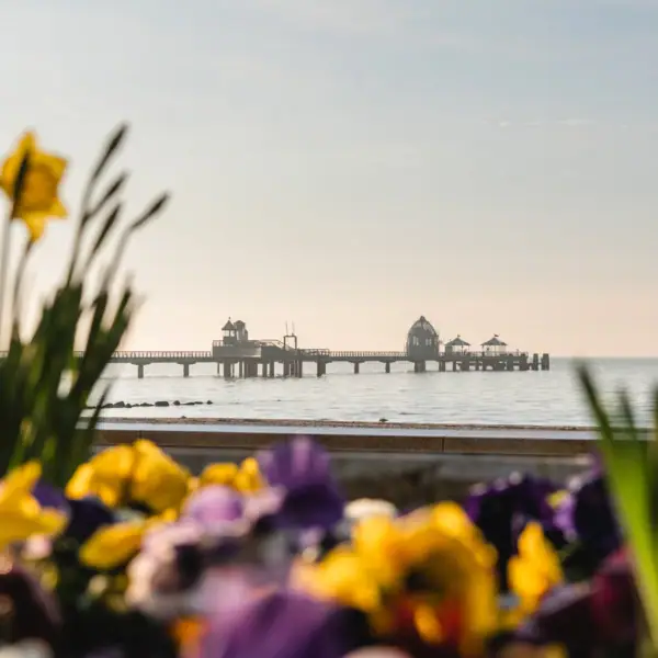 A pier with a bridge in the water under the open sky.