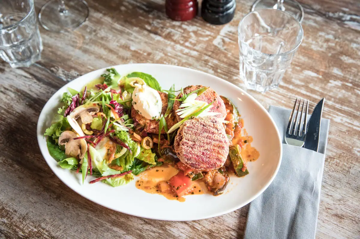 A plate of food on a table.