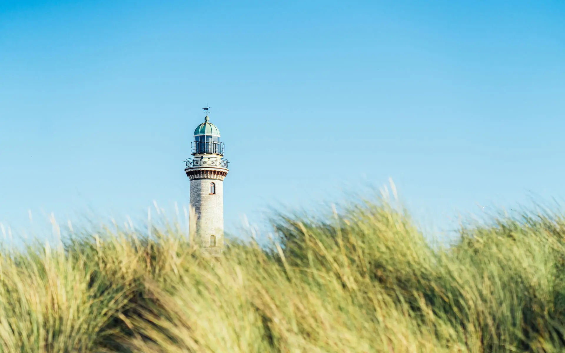 A lighthouse stands behind dune grasses blowing in the wind. The sun is shining and the sky is bright