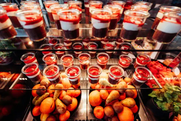 Buffet at JEDERMANNS A selection of desserts and fruit.