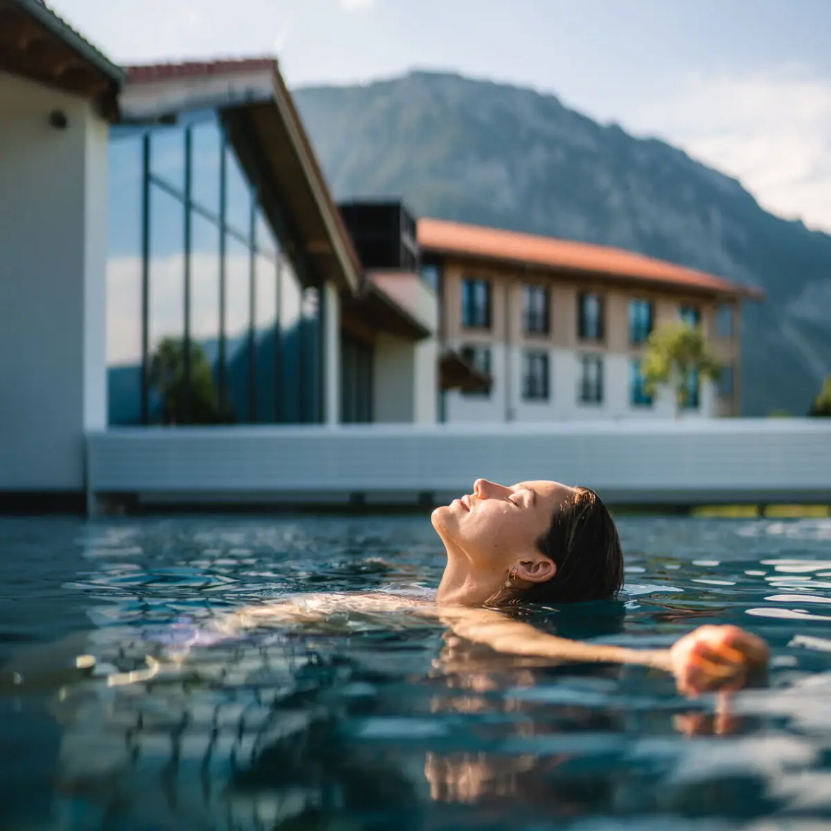 A woman swims in an outdoor pool.