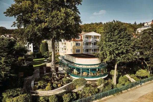 A building surrounded by trees.